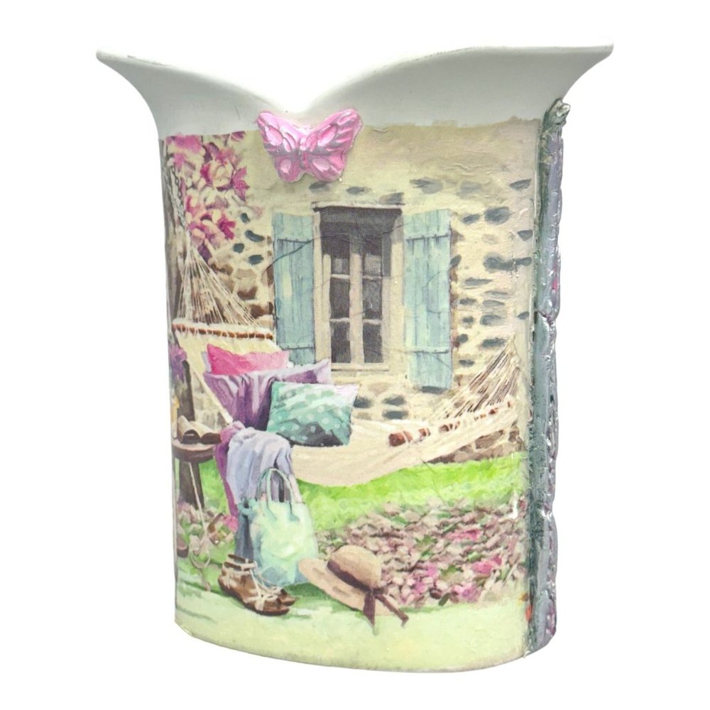 White Tulip Ceramic Italian Vase UpCycled With Decoupage and Hand Moulded Clay - Picture 5 of 13